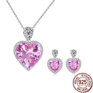 Rhodium Plated CZ Pendant Earrings Drop Pink Heart Zircon Pendant Stud Earrings for Girls 925 Sterling Silver Lovely Jewelry Set Jovera Joyce