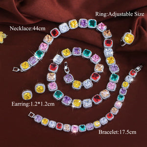 Sparkling 4PCS Rhodium Plated CZ Jewelry Set White Square Zircon Bracelet Ring Earrings Necklace Jewelry Set for Women Banquet Jovera Joyce