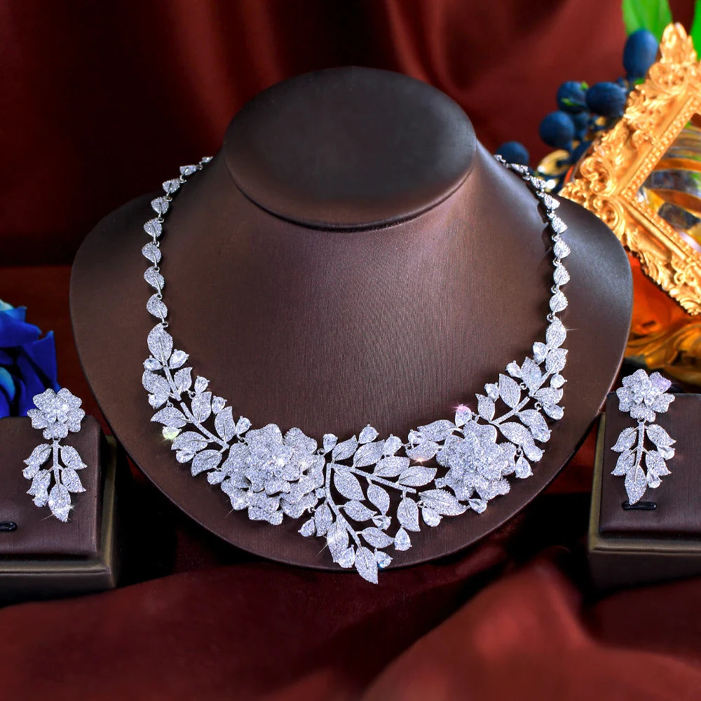 Sparking White Cubic Zirconia Flower Leaf Shape Exaggerating Earrings Necklace Luxury Bridal Wedding Big Jewelry Set for Women Jovera Joyce