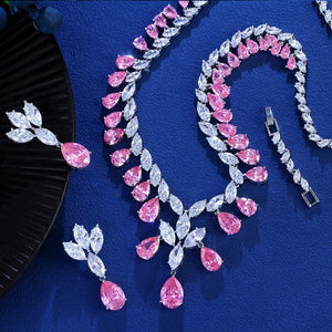 Super Luxury Cubic Zirconia Water Drop Shape Necklace and Earrings Wedding Bridal White Pink Jewelry Set for Women Jovera Joyce