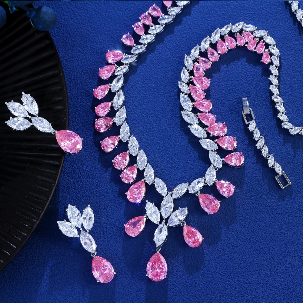 Super Luxury Cubic Zirconia Water Drop Shape Necklace and Earrings Wedding Bridal White Pink Jewelry Set for Women Jovera Joyce