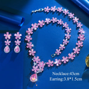 Charming Rhodium Plated CZ Jewelry Set Purple Flower Water Drop Necklace Earrings Jewelry Set for Women Brides Wedding Costume Jovera Joyce