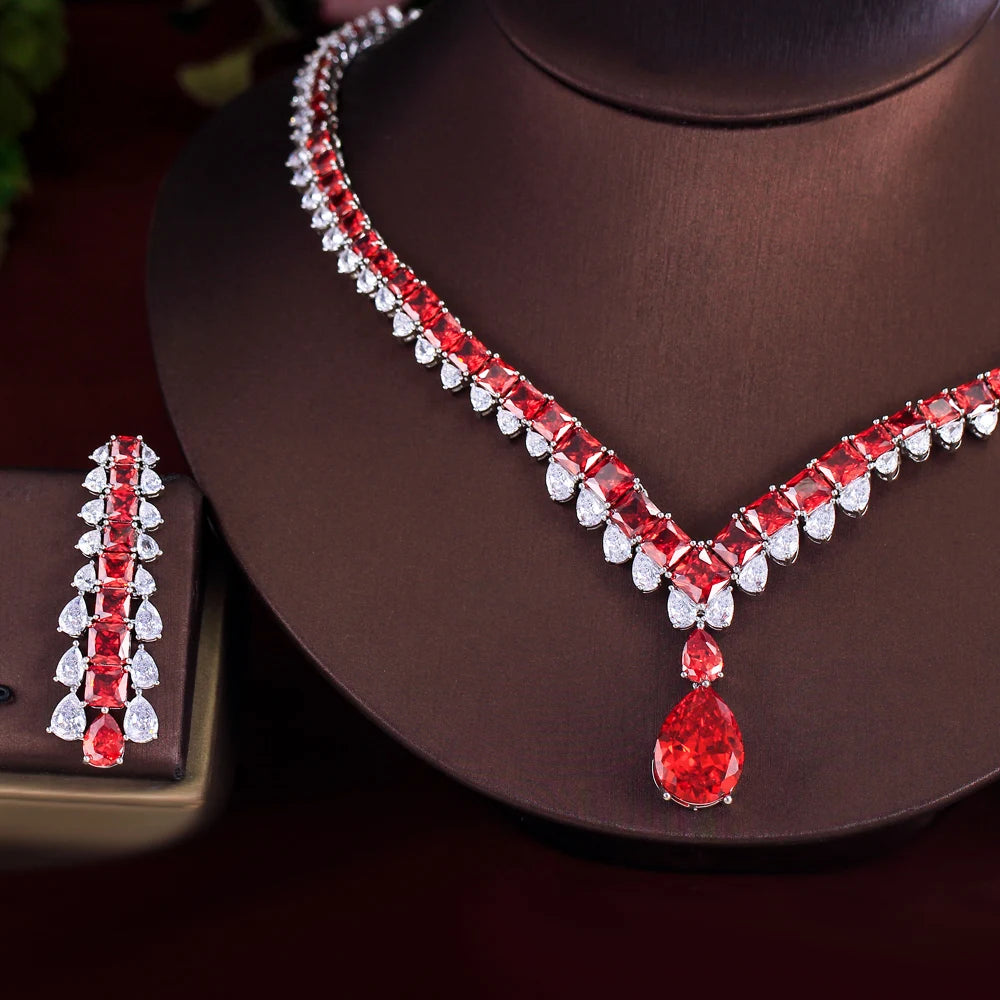 Luxury White Red Water Drop Zirconia Long Dangle Earrings and Necklace Bridal Wedding Party Jewelry Set for Women Jovera Joyce