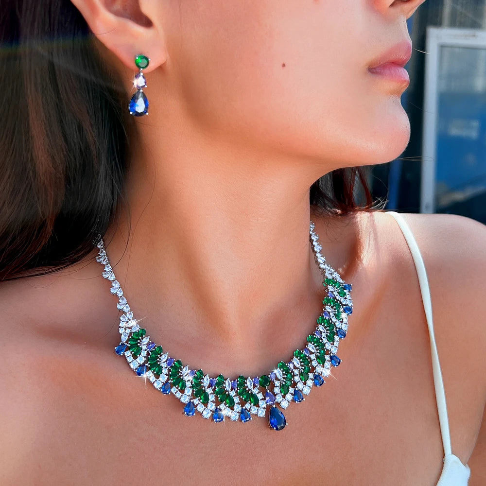 Vintage Shiny Blue Green Cubic Zirconia Necklace Earrings Luxury Water Drop Bridal Wedding Evening Party Jewelry Set for Women Jovera Joyce