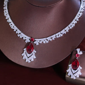 Gorgeous Cubic Zirconia Red Necklace and  Earrings Bridal Banquet Jewelry Set for Women Party Engagement Luxury Jewelry Jovera Joyce