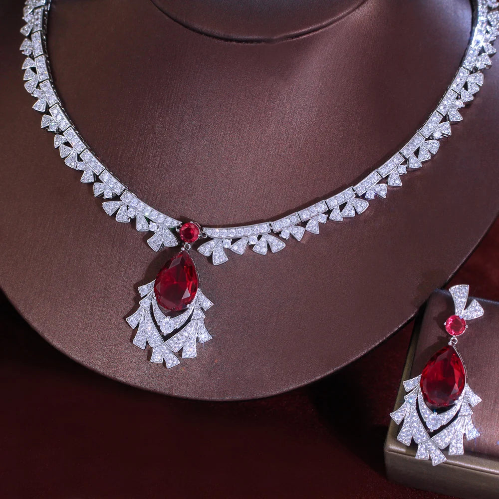 Gorgeous Cubic Zirconia Red Necklace and  Earrings Bridal Banquet Jewelry Set for Women Party Engagement Luxury Jewelry Jovera Joyce