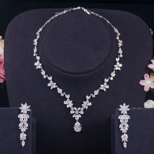 Women Wedding Jewellery Set with Shiny Cubic Zircon Stone Flower Long Leaf Shaped Dangle Earrings Necklace Luxury Bridal Jewelry Jovera Joyce