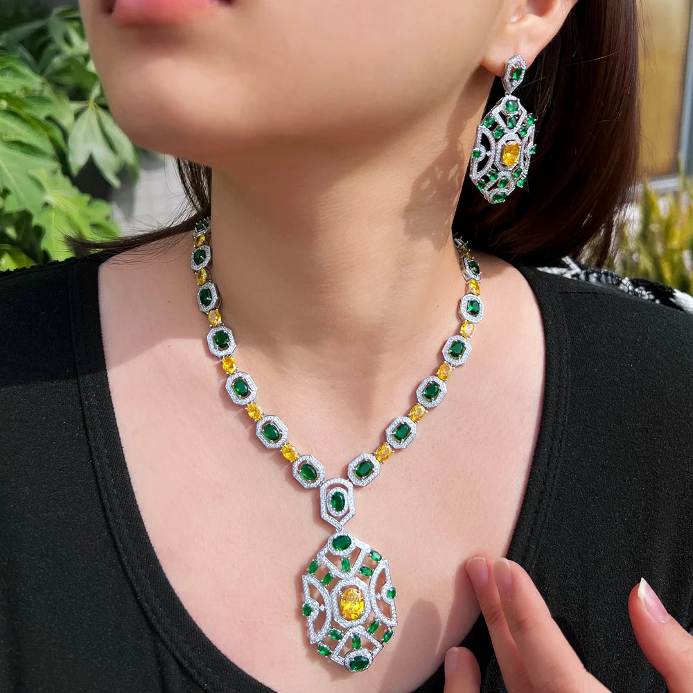 Super Luxury Yellow Green Zirconia Wedding Banquet Big Chunky Necklace and Earrings Bridal Party Costume Jewelry Sets for Women Jovera Joyce