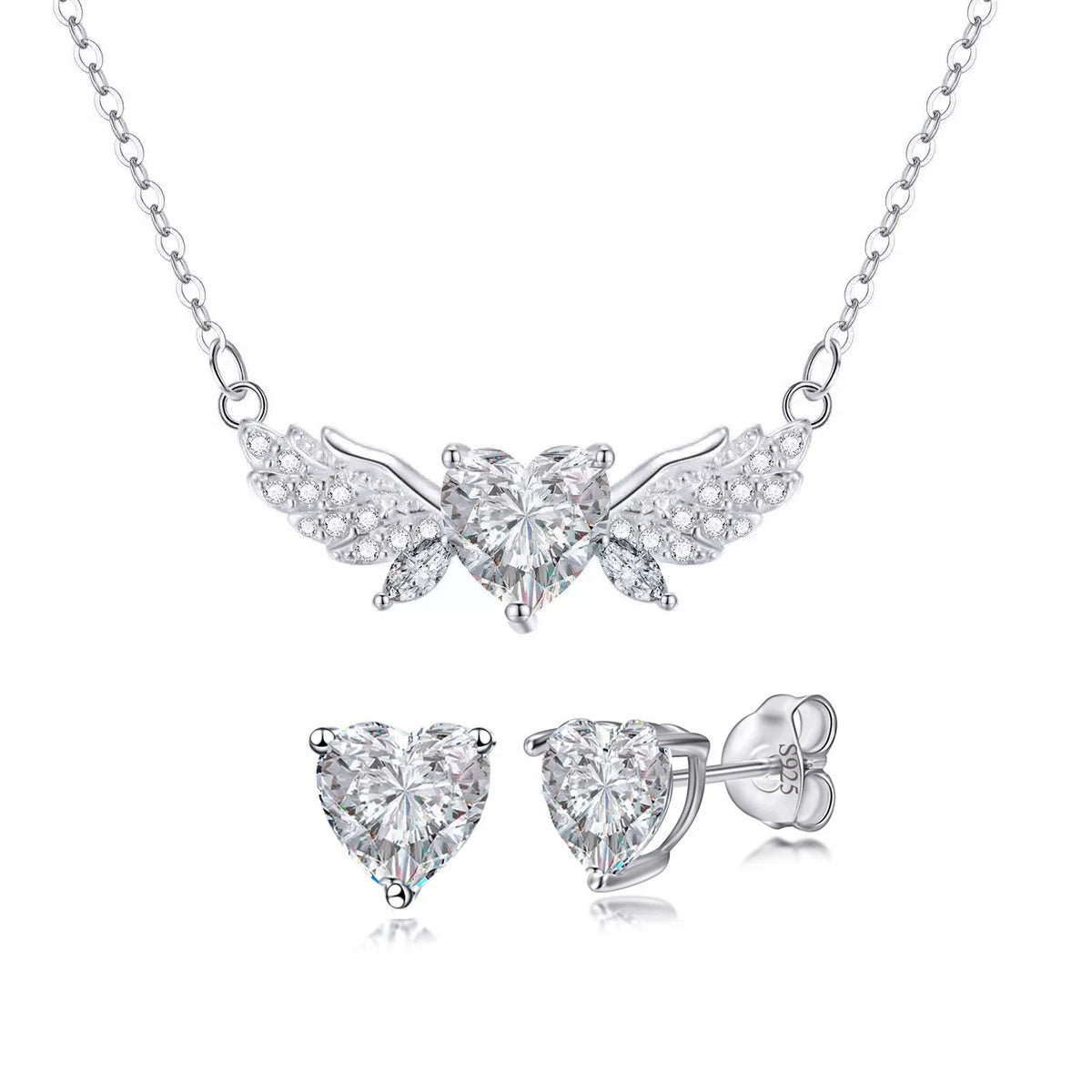 Fine 925 Sterling Silver CZ Jewelry Set Heart Feather Zircon Stud Earrings Pendant Jewelry Set for Women Lady Valentine's Gift Jovera Joyce