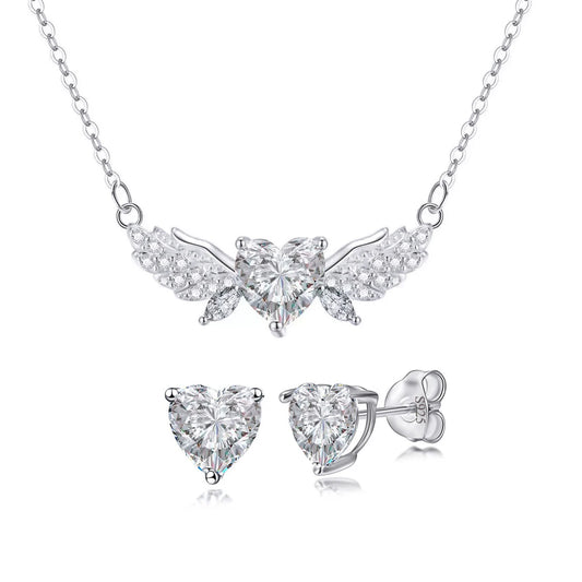 Fine 925 Sterling Silver CZ Jewelry Set Heart Feather Zircon Stud Earrings Pendant Jewelry Set for Women Lady Valentine's Gift Jovera Joyce