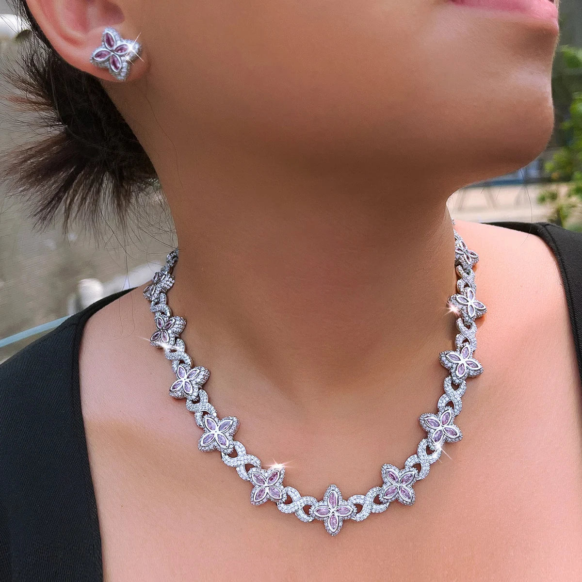 Hip Hop Jewelry Sapphire Blue 4 Leaf Clover Flower Necklace and Earrings Cubic Zircon Cuban Link Chain Jewelry Set for Women Man Jovera Joyce