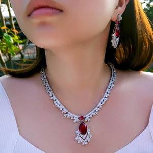 Gorgeous Cubic Zirconia Red Necklace and  Earrings Bridal Banquet Jewelry Set for Women Party Engagement Luxury Jewelry Jovera Joyce