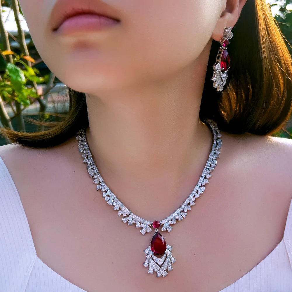 Gorgeous Cubic Zirconia Red Necklace and  Earrings Bridal Banquet Jewelry Set for Women Party Engagement Luxury Jewelry Jovera Joyce