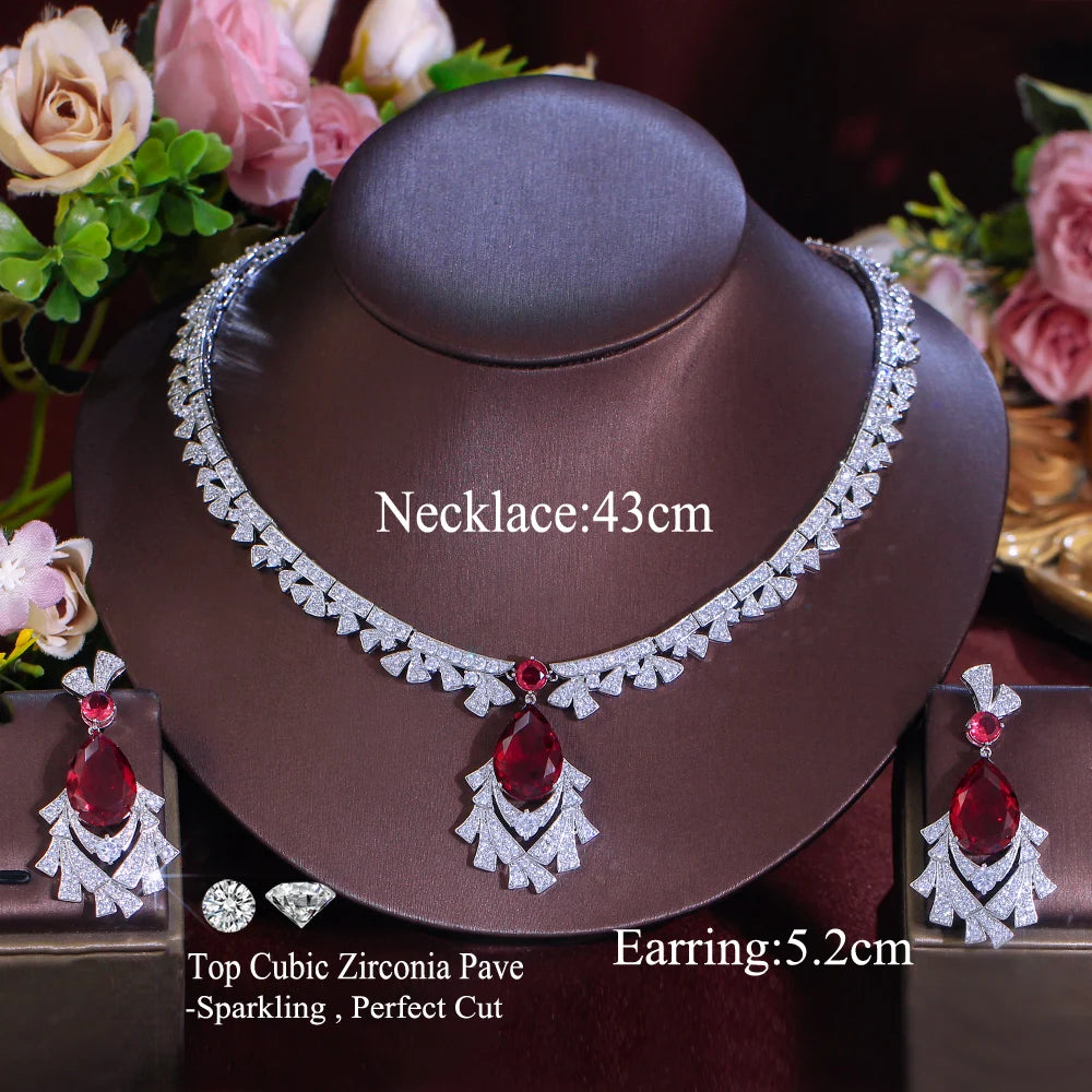 Gorgeous Cubic Zirconia Red Necklace and  Earrings Bridal Banquet Jewelry Set for Women Party Engagement Luxury Jewelry Jovera Joyce