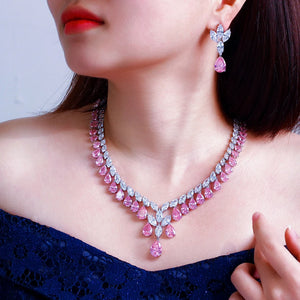 Super Luxury Cubic Zirconia Water Drop Shape Necklace and Earrings Wedding Bridal White Pink Jewelry Set for Women Jovera Joyce