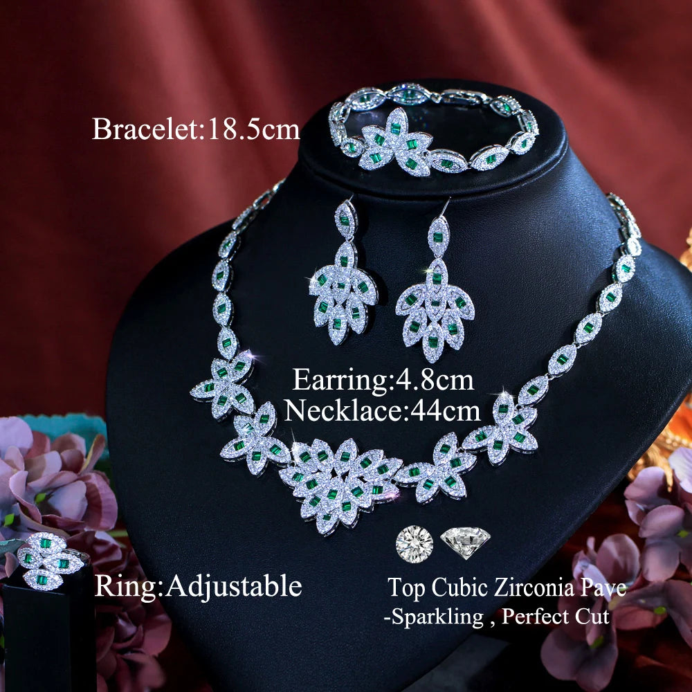 Elegant 4pcs Leaf Shape Cubic Zirconia Stone Bridal Luxury Green Jewelry Set for Women Party Engagement Dress Accessories Jovera Joyce