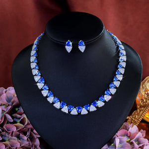 Luxury Unique Shiny Blue Synthetic Tanzanite Stone and White Zirconia Triangle Shape Bridal Wedding Party Jewelry Set for Women Jovera Joyce