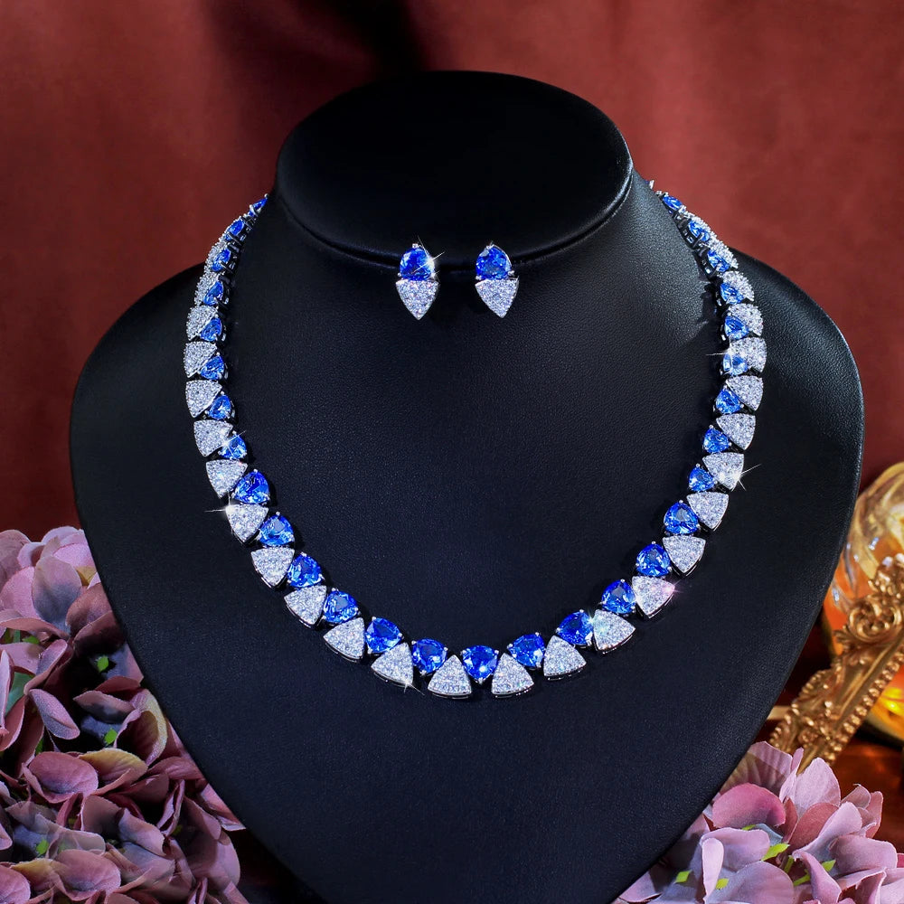 Luxury Unique Shiny Blue Synthetic Tanzanite Stone and White Zirconia Triangle Shape Bridal Wedding Party Jewelry Set for Women Jovera Joyce