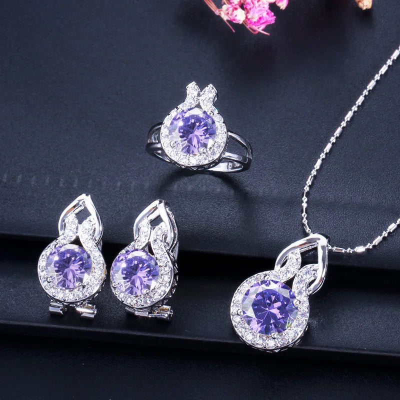 Romantic Pink Cubic Zircon Stone Series 3pcs Pendant Earrings Necklace and Ring Fashion Women Engagement Costume Jewelry Sets Jovera Joyce