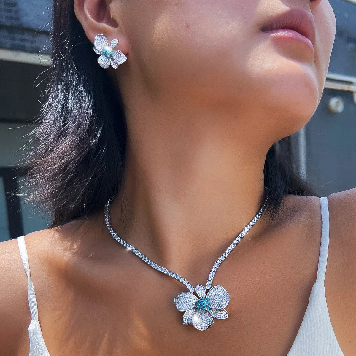 Vintage Shiny Micro Pave CZ Turquoise Flower Pendant Necklace Stud Earrings Set for Women Formal Banquet Bridesmaid Jewelry Set Jovera Joyce