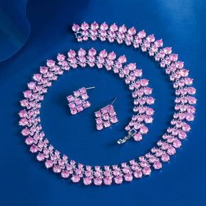 Super Luxurious Round Cubic Zirconia Necklace and Earrings Engagement Wedding Romantic Pink Chunky Big Jewelry Set for Women Jovera Joyce
