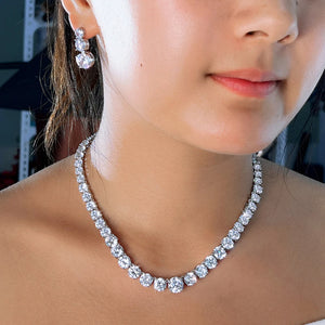 Super Glittering Round Cubic Zirconia Tennis Necklace and Earrings Jewelry Set for Women Wedding Bridal Party Engagement Banquet Jovera Joyce