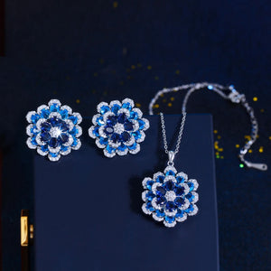 Art Deco Luxury Blue Cubic Zirconia Chunky Flower Shaped Earrings and Pendant Necklace Women Party Jewelry Sets Jovera Joyce