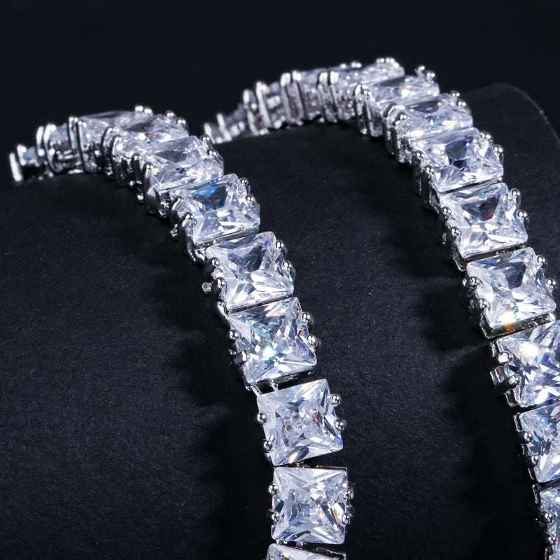 Super Shiny Square Cubic Zirconia Chain Link Tennis Necklace and Stud Earrings Jewelry Set for Women Man Party Jovera Joyce