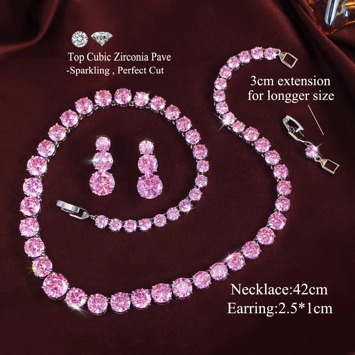 Elegant CZ Pink Round Cut Necklace Earrings Jewelry Set Rhodium Plated Zircon Necklace Earrings Set for Brides Wedding Jewelry Jovera Joyce