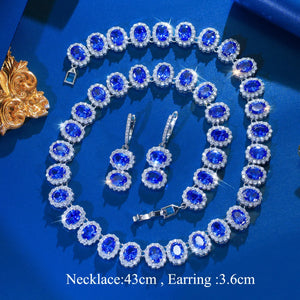 Tanzanite Oval CZ Jewelry Set Necklace Huggie Dangle Earrings Rhodium Plated Cubic Zirconia Bridal Women Wedding Jewelry Set Jovera Joyce