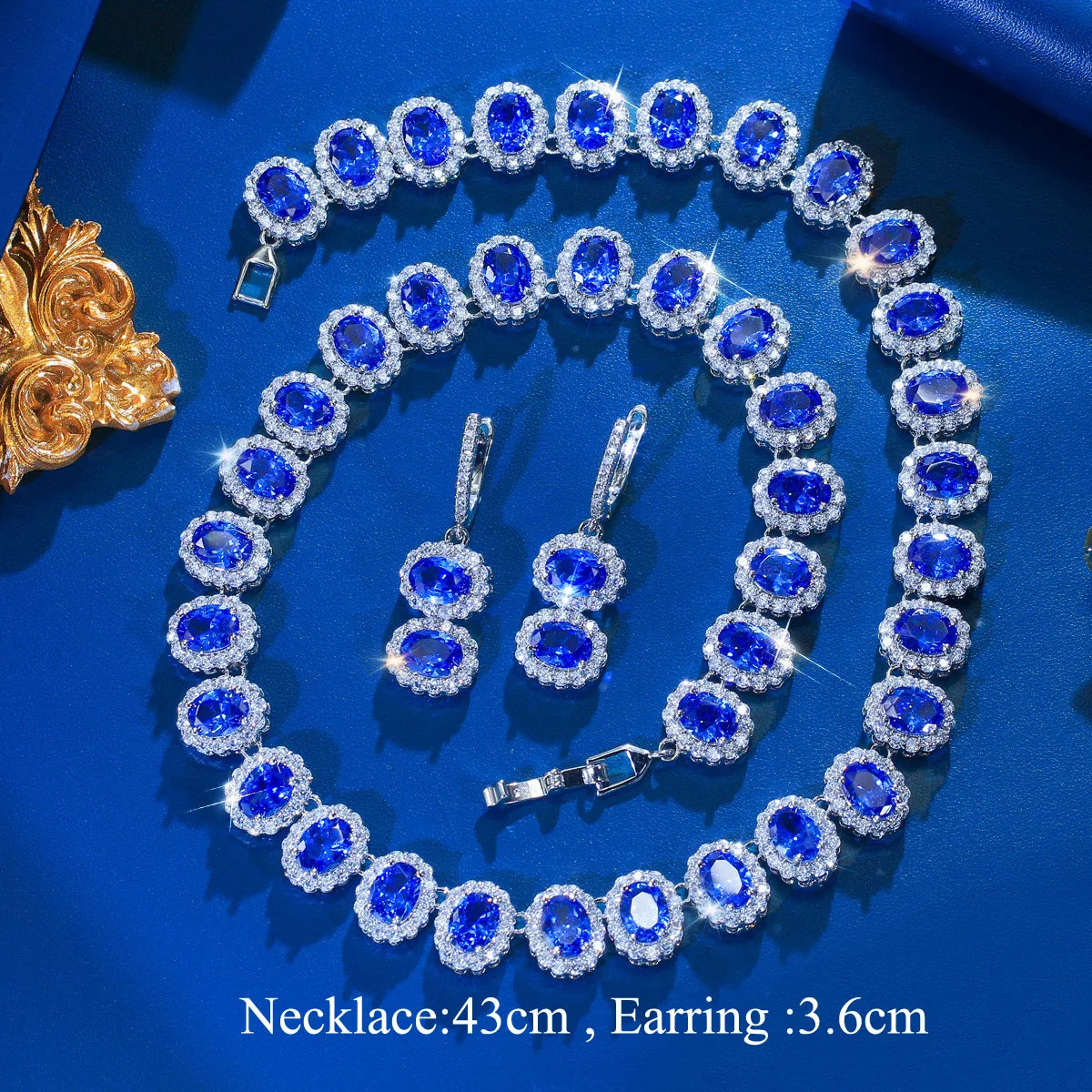 Tanzanite Oval CZ Jewelry Set Necklace Huggie Dangle Earrings Rhodium Plated Cubic Zirconia Bridal Women Wedding Jewelry Set Jovera Joyce