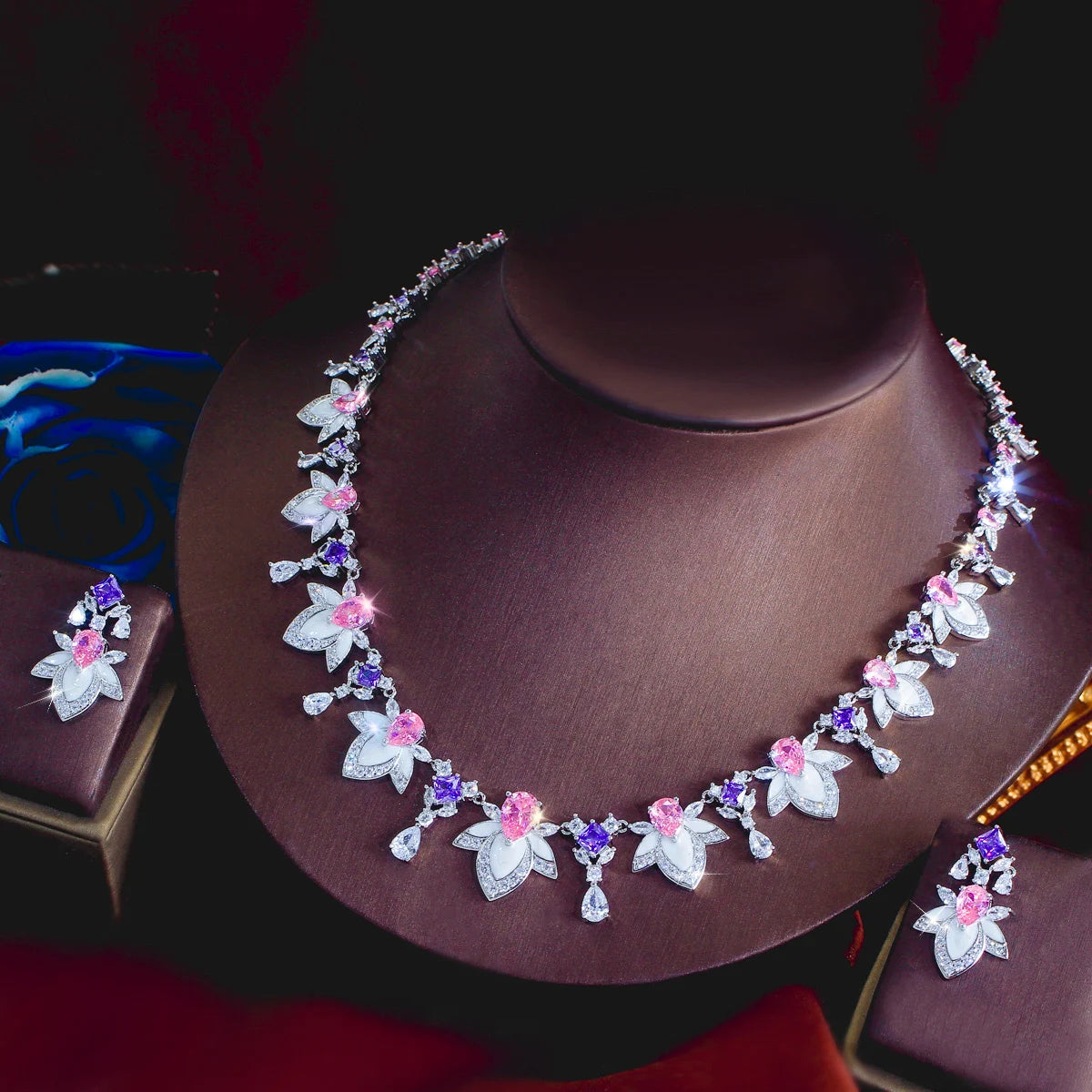 Rhodium Plated Purple Pink Drop Necklace Earrings CZ Long Leaf Enamel Necklace Earrings for Women Fiancee Engagement Jewelry Set Jovera Joyce