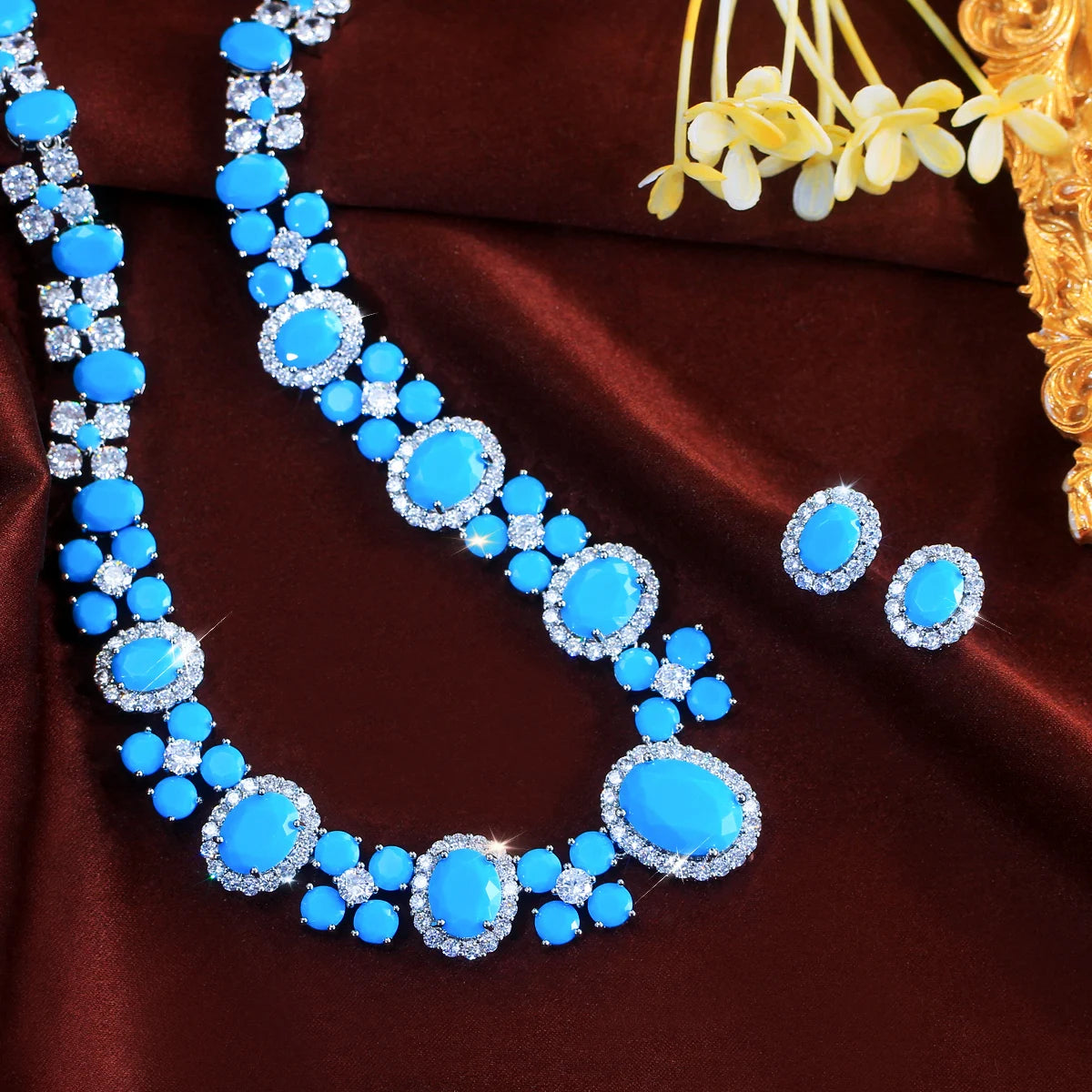 Charming Blue CZ Jewelry Set Turquoise Cubic Zirconia Oval Shaped Necklace Earrings Jewelry Set for Brides Wedding Costume Gift Jovera Joyce