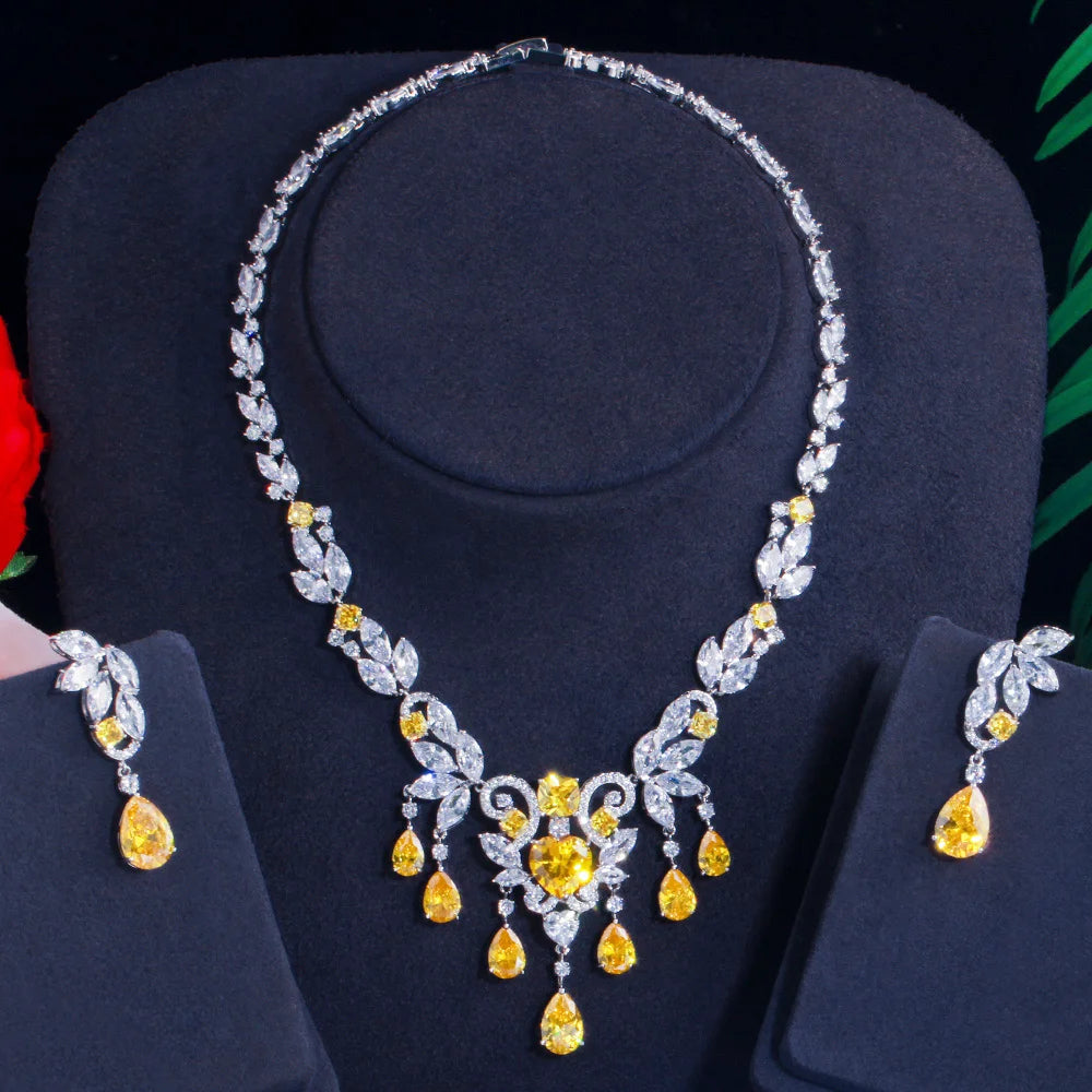 Rhodium Plated CZ Jewelry Set Yellow Zirconia Nigeria Tassel Necklace Earrings Bridal Wedding Luxury Jewelry Set for Women Party Jovera Joyce