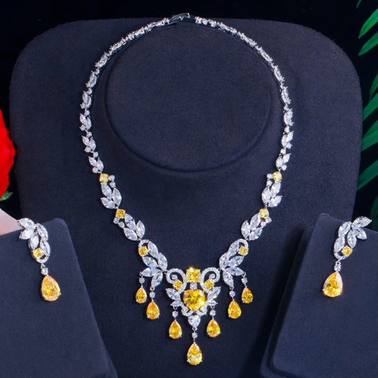Rhodium Plated CZ Jewelry Set Yellow Zirconia Nigeria Tassel Necklace Earrings Bridal Wedding Luxury Jewelry Set for Women Party Jovera Joyce