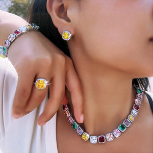 Sparkling 4PCS Rhodium Plated CZ Jewelry Set White Square Zircon Bracelet Ring Earrings Necklace Jewelry Set for Women Banquet Jovera Joyce