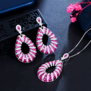 Micro Pave Excellent Fuchsia Red Cubic Zirconia Dangle Pendant Necklace Tear Drop Earring Jewelry Set for Women Festive Prom Jovera Joyce