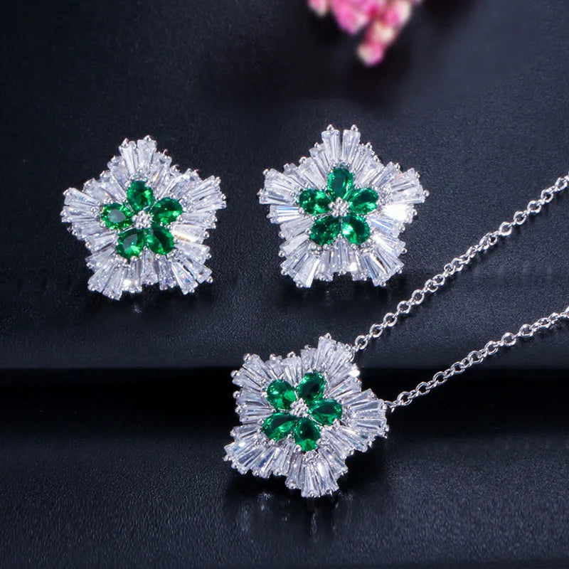 Ladies Fashion Jewelry 3a Cubic Zirconia Snow Flower Pendant Necklace and Stud Earrings Sets for Women Gift Jovera Joyce