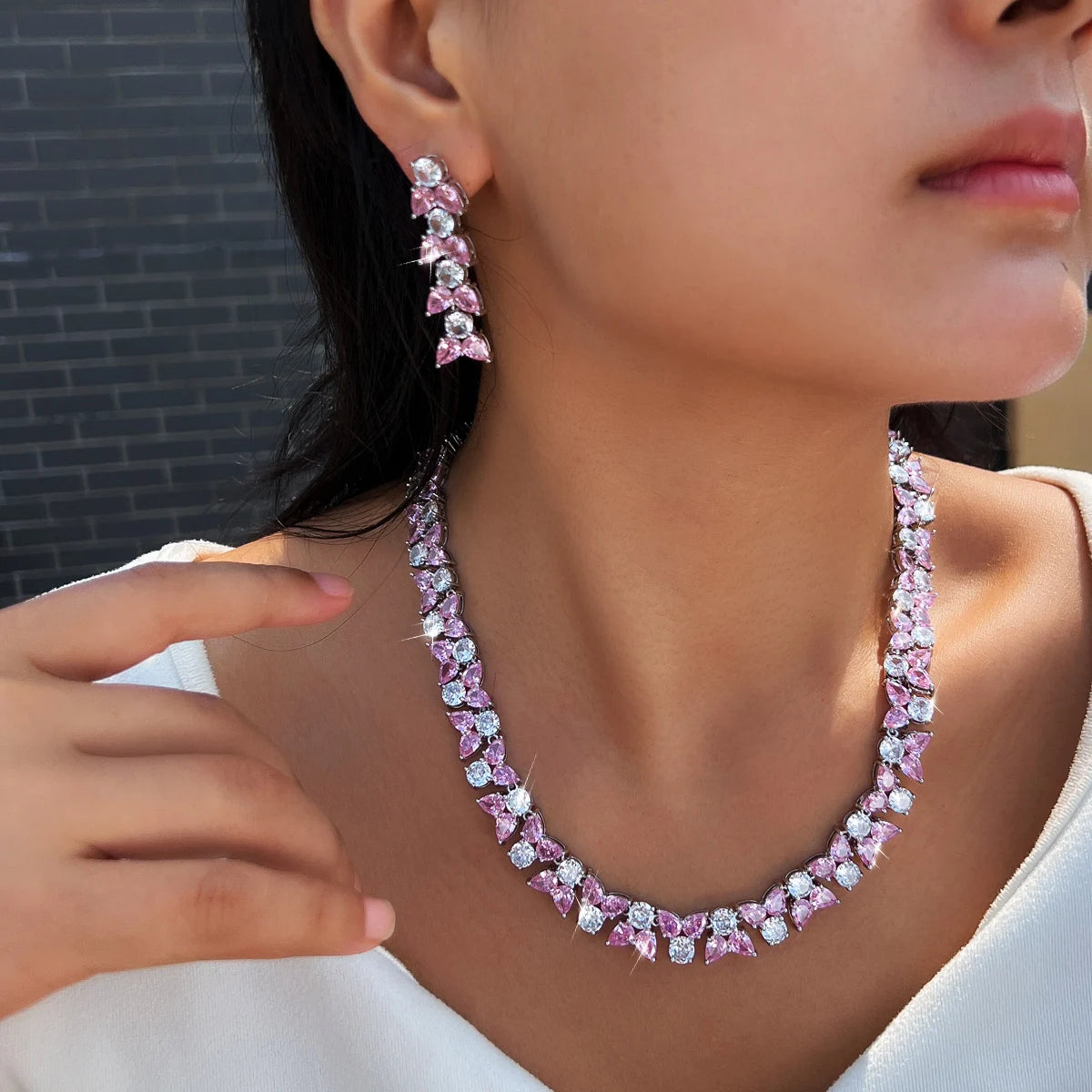 Exquisite Jewelry Set Rhodium Plated Pink White CZ Zircon Necklace Earrings Jewelry Set for Brides Women Unique Designer Party Jovera Joyce