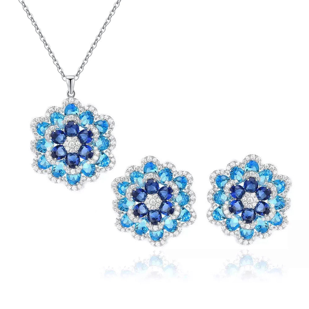 Art Deco Luxury Blue Cubic Zirconia Chunky Flower Shaped Earrings and Pendant Necklace Women Party Jewelry Sets Jovera Joyce