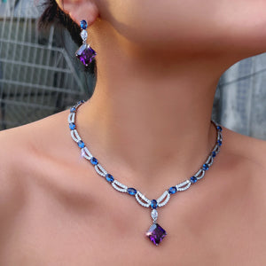 Rhodium Plated CZ Jewelry Set Cubic Zircon Blue Oval Purple Rhombus Dangle Drop Necklace Earrings Jewelry Set for Brides Wedding Jovera Joyce