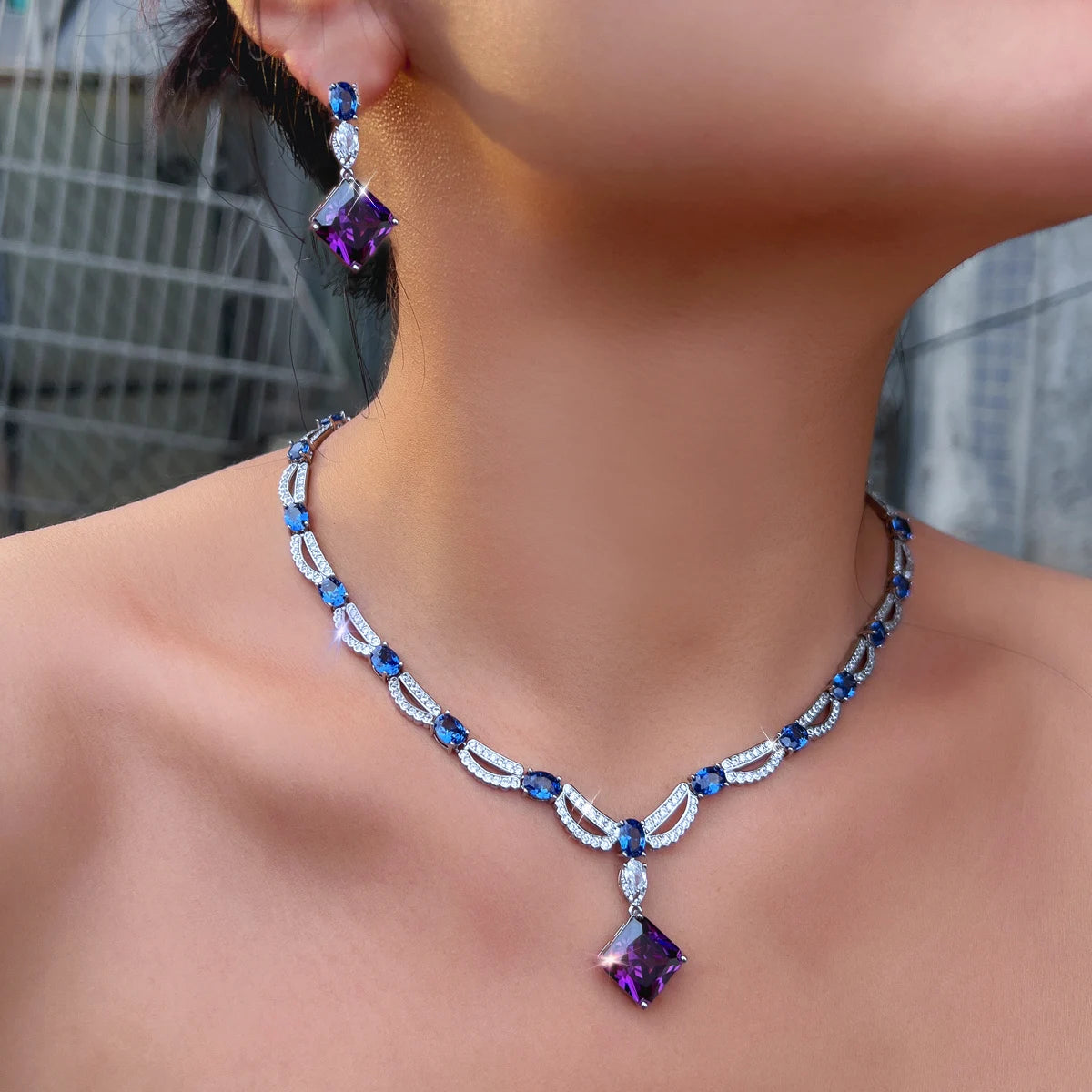 Rhodium Plated CZ Jewelry Set Cubic Zircon Blue Oval Purple Rhombus Dangle Drop Necklace Earrings Jewelry Set for Brides Wedding Jovera Joyce