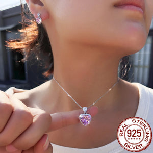 Rhodium Plated CZ Pendant Earrings Drop Pink Heart Zircon Pendant Stud Earrings for Girls 925 Sterling Silver Lovely Jewelry Set Jovera Joyce