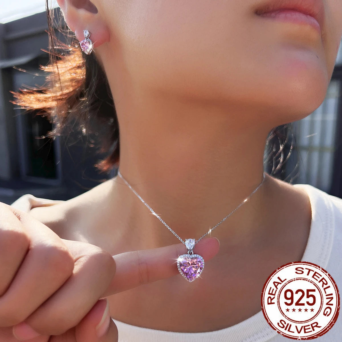 Rhodium Plated CZ Pendant Earrings Drop Pink Heart Zircon Pendant Stud Earrings for Girls 925 Sterling Silver Lovely Jewelry Set Jovera Joyce