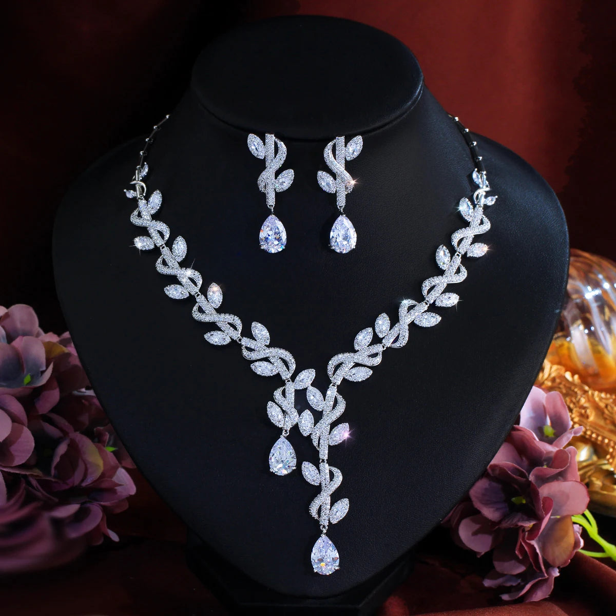 Elegant Cubic Zirconia Luxury Necklace and Earrings Women Big Leaf Weed Shape Jewelry Set for Wedding Bride Anniversary Gift Jovera Joyce