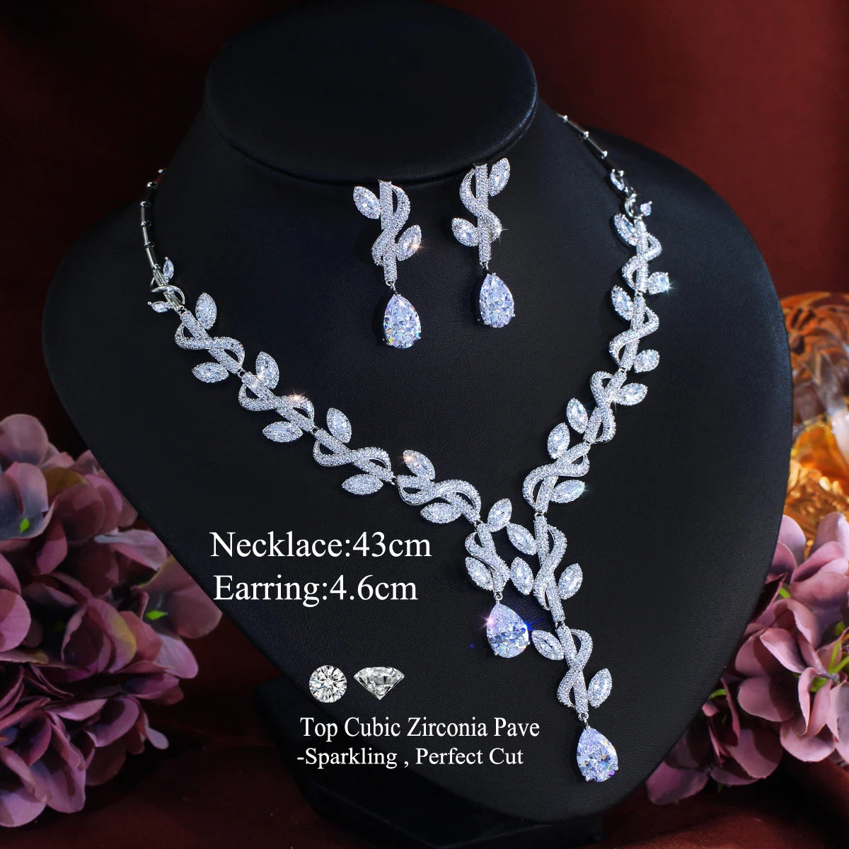 Elegant Cubic Zirconia Luxury Necklace and Earrings Women Big Leaf Weed Shape Jewelry Set for Wedding Bride Anniversary Gift Jovera Joyce