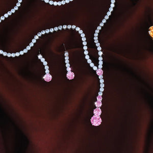Charming CZ Jewelry Set Long Round Tennis Brilliant Cut Pink Zircon Necklace Earring Rhodium Plated CZ Women Wedding Jewelry Set Jovera Joyce