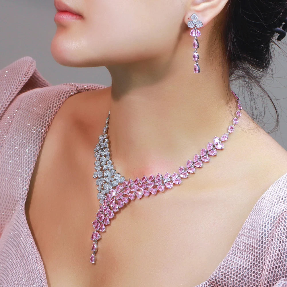 Elegant Shimmering Pink White Water Drop Cubic Zircon Long Earrings and Necklace Bridal Wedding Party Jewelry Set for Women Jovera Joyce