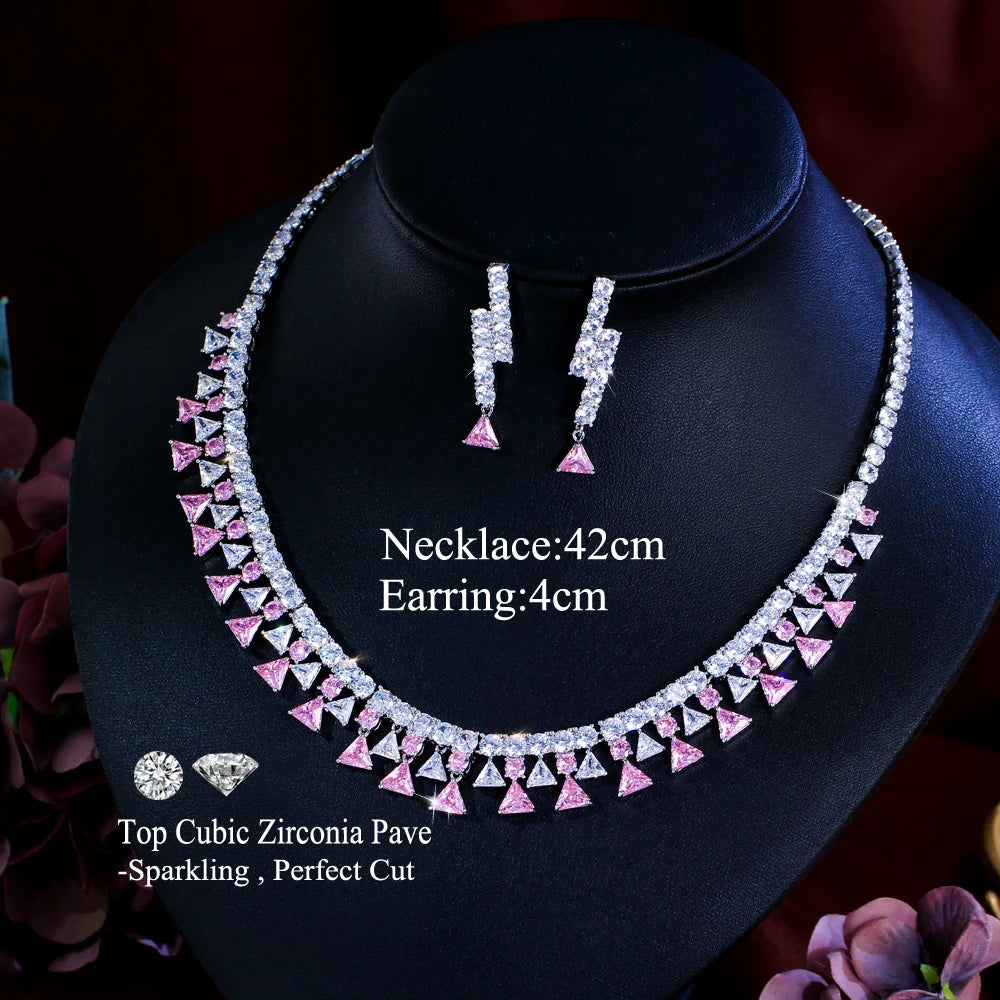 Shinning Triangle Shape Cubic Zirconia White and Pink Luxury Jewelry Set for Women Gathering Party Necklace and Earrings Set Jovera Joyce