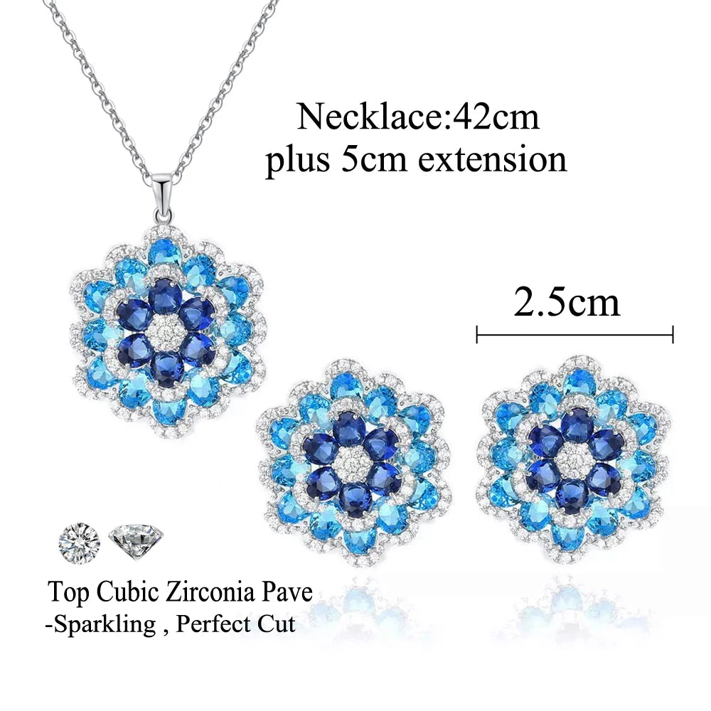 Art Deco Luxury Blue Cubic Zirconia Chunky Flower Shaped Earrings and Pendant Necklace Women Party Jewelry Sets Jovera Joyce